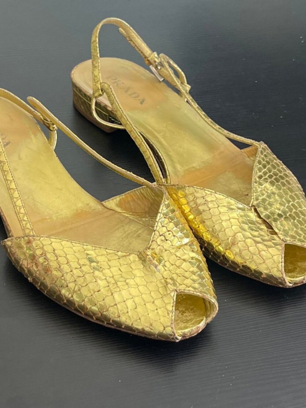 Prada gold snakeskin slingback flats size 40